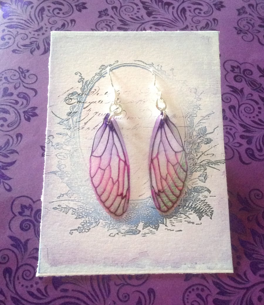 Purple and Pink Iridescent Fairy Wing Sterling Silver Earrings