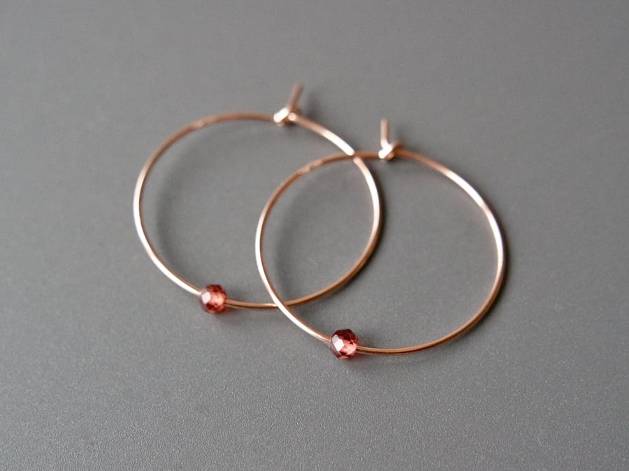 Rose Gold Filled Hoops - Garnet red, burgundy, birthstone, January