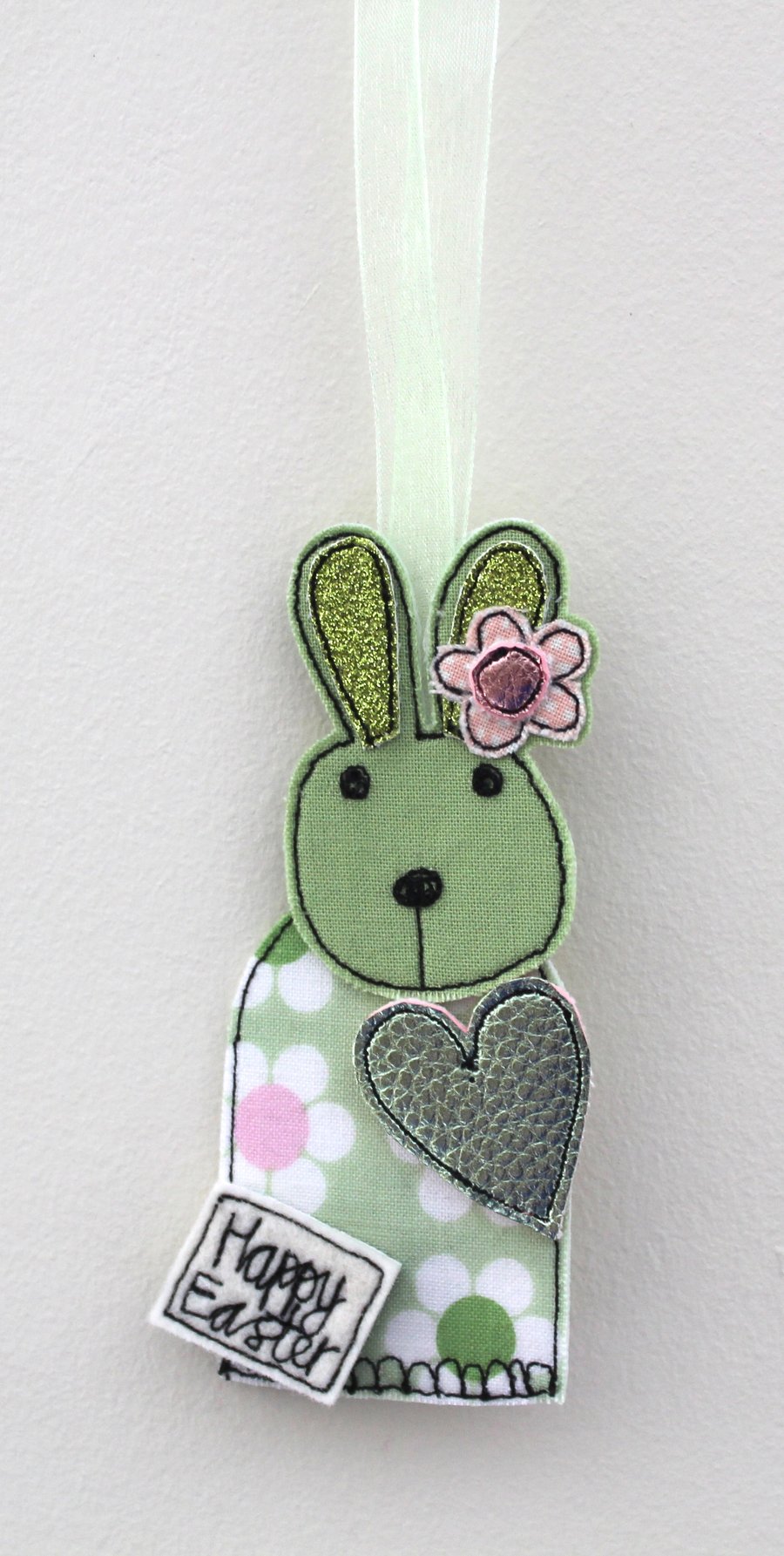 Flower Fabric Bunny with a Green Heart - Hanging Decoration