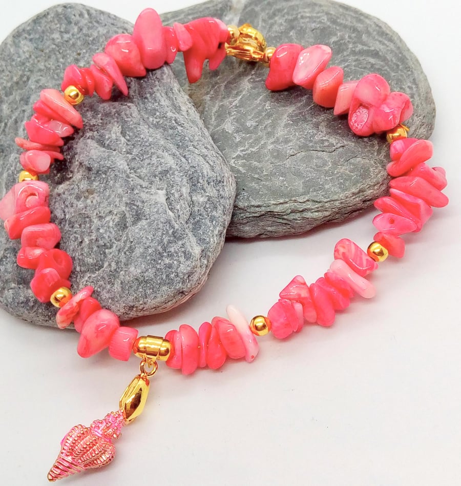 Pink Chip Beaded Bracelet with a Pink Enamelled Shell Charm, Gift for Her