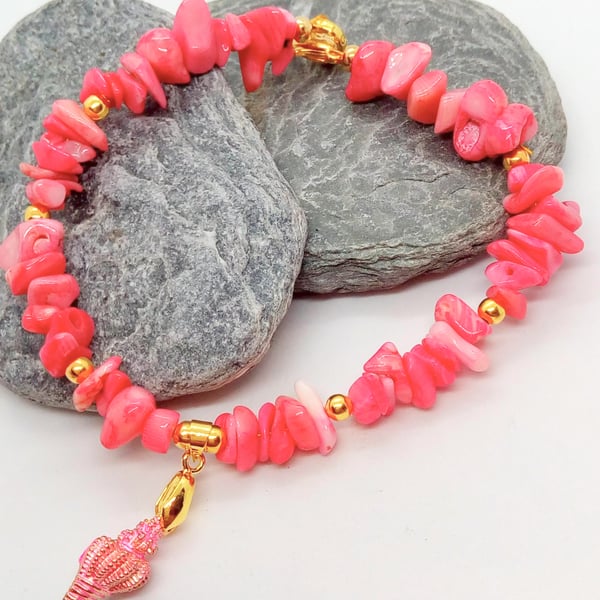 Pink Chip Beaded Bracelet with a Pink Enamelled Shell Charm, Gift for Her