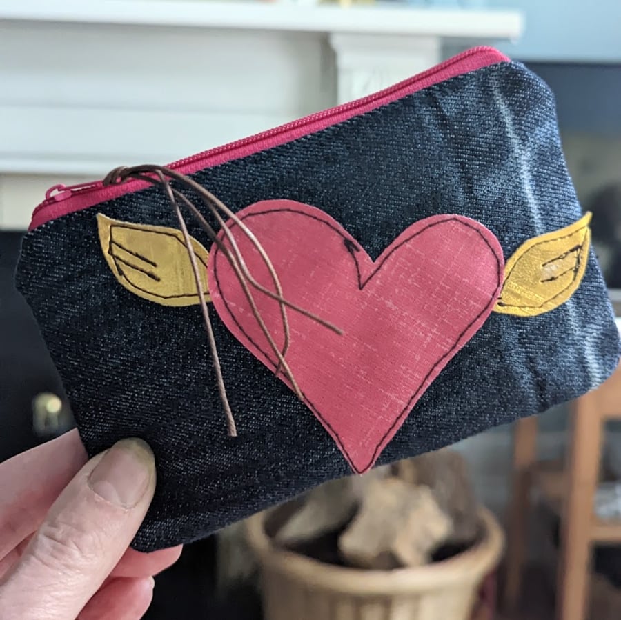 Recycled Denim Heart and Wings Motif Purse