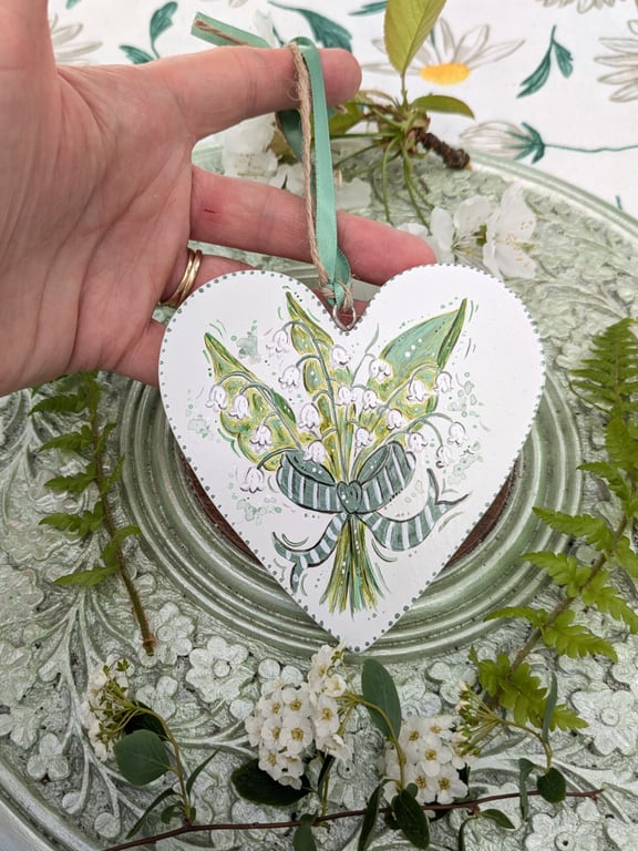 Lily of the valley hand-painted wooden heart decoration  