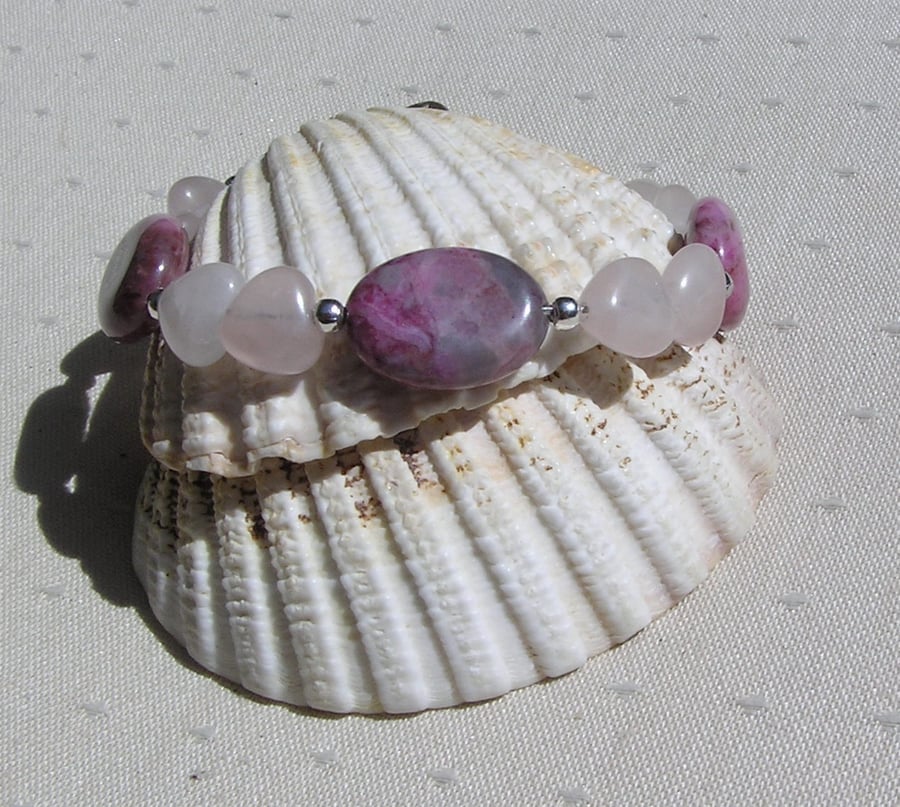 Pink Rhodonite & Rose Quartz Heart Gemstone Bracelet "Valentine"