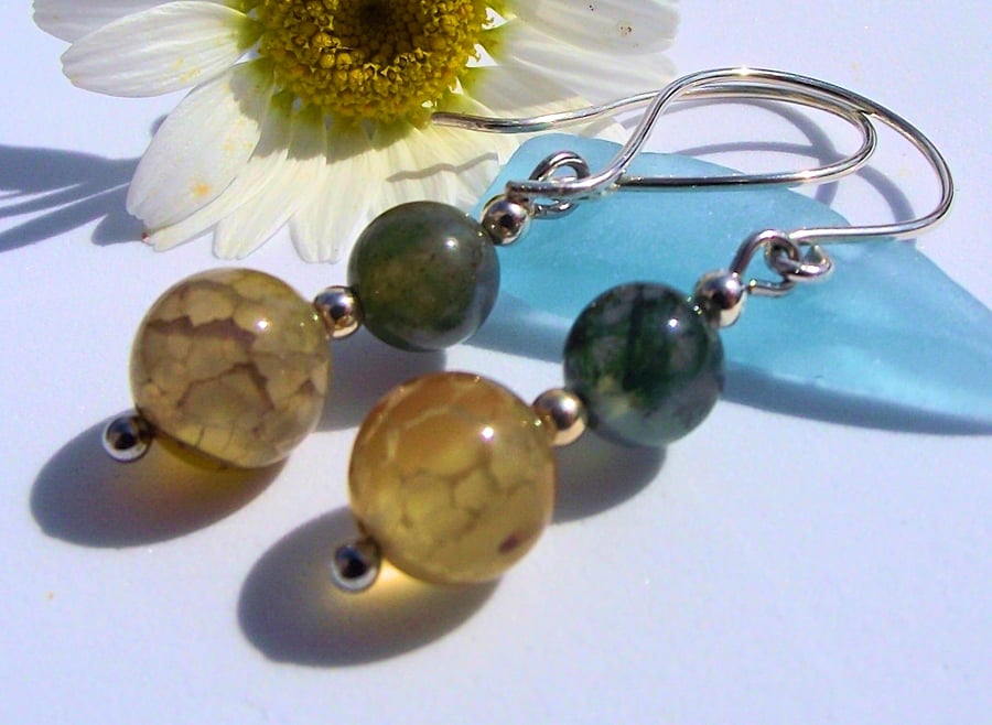 SALE Green grey yellow earrings agate semi precious gemstone