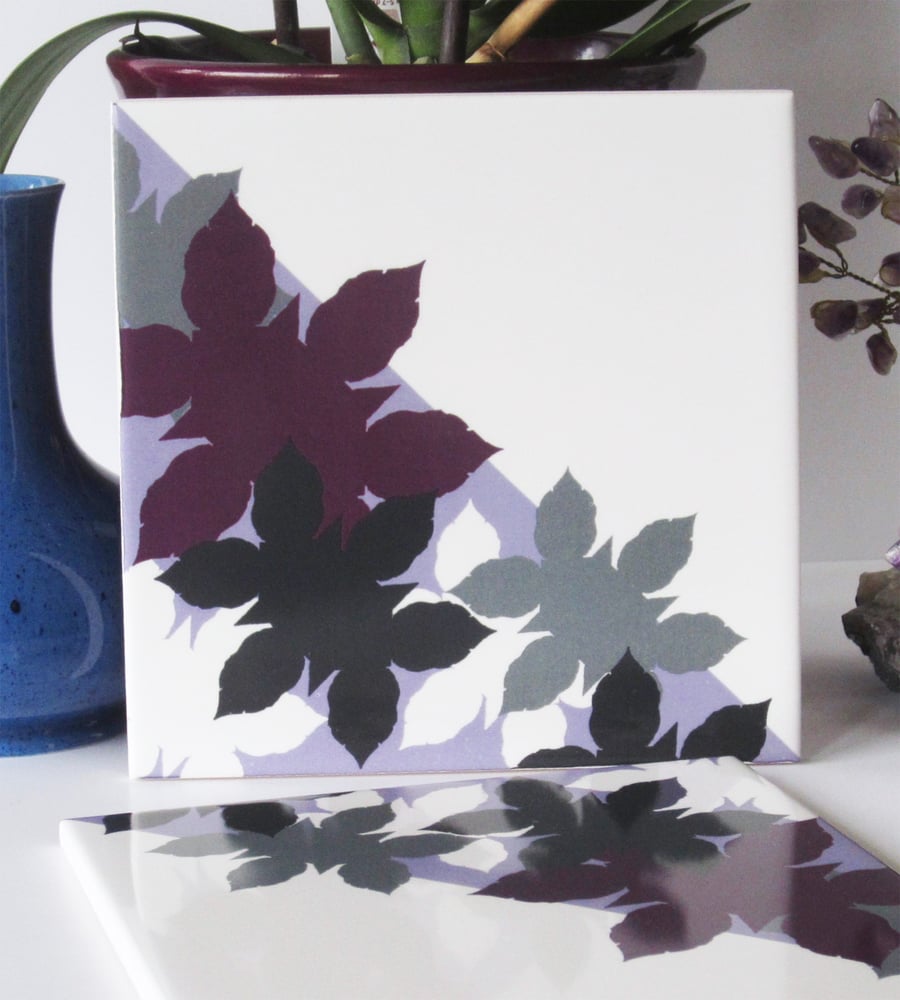 Pink Mauve and Grey Leaf Pattern Ceramic Tile Trivet with Cork Backing