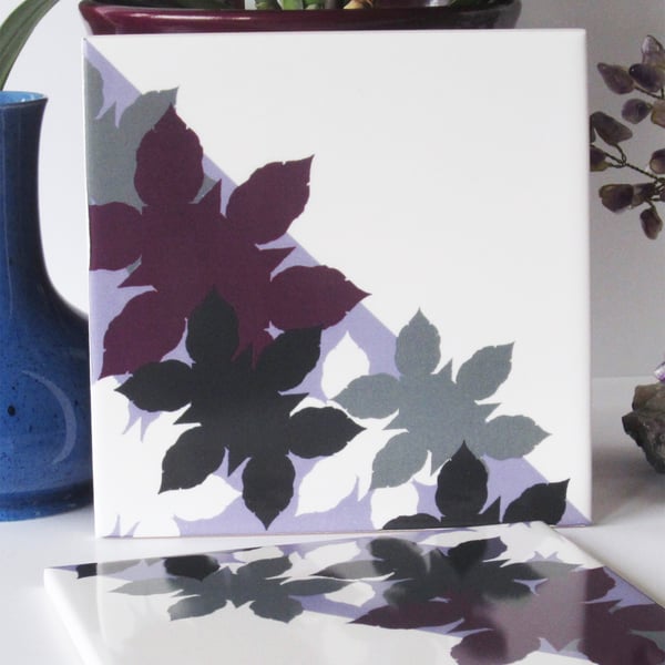 Pink Mauve and Grey Leaf Pattern Ceramic Tile Trivet with Cork Backing