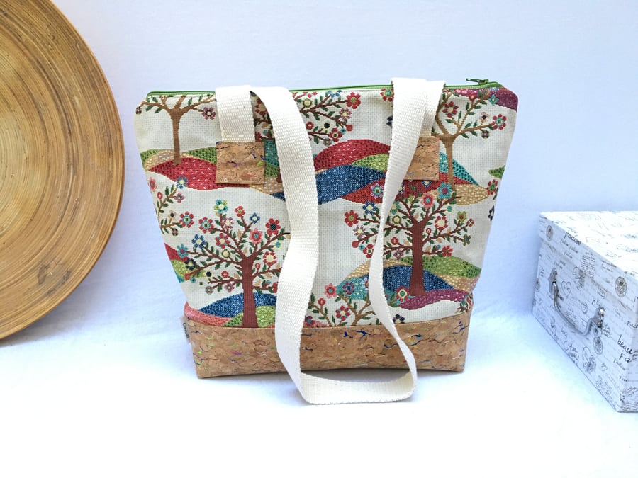 Tapestry long handled tote, tapestry shoulder bag, tree of life bag.
