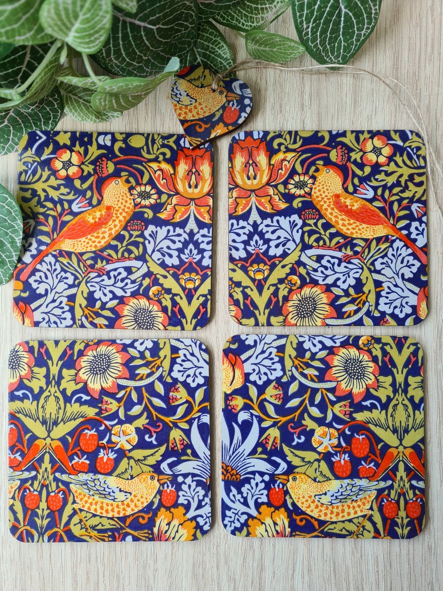 Coasters gift tag set William Morris Strawberry Thief housewarming gift