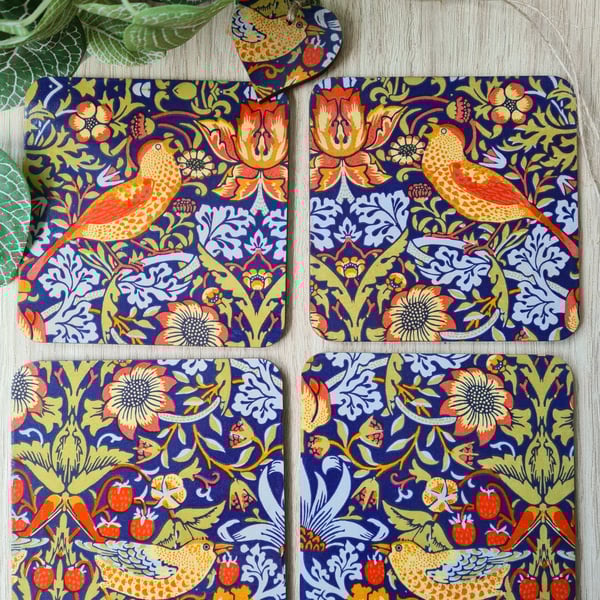 Coasters gift tag set William Morris Strawberry Thief housewarming gift