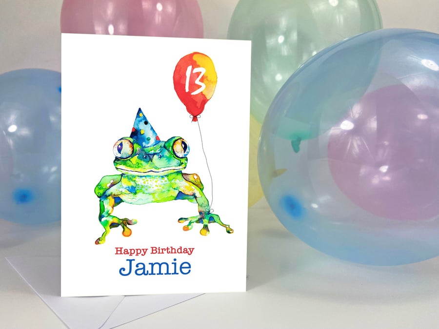 Fun frog personalised birthday card for him or her, premium quality