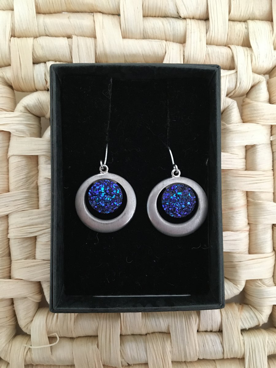 Round Satin Silver Matt Earrings with Royal Blue Centres