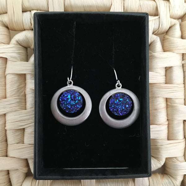 Round Satin Silver Matt Earrings with Royal Blue Centres