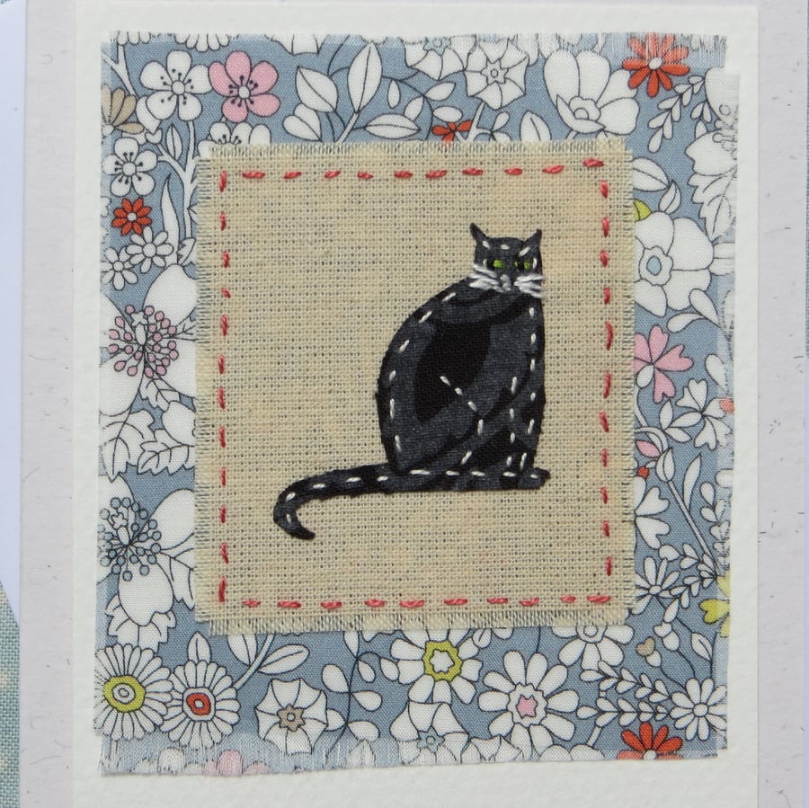 Little Black Cat hand-stitched miniature on card, Liberty fabric, for good luck!