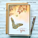 Butterfly Birthday Card - handcrafted, leaves, branches, birthday wishes