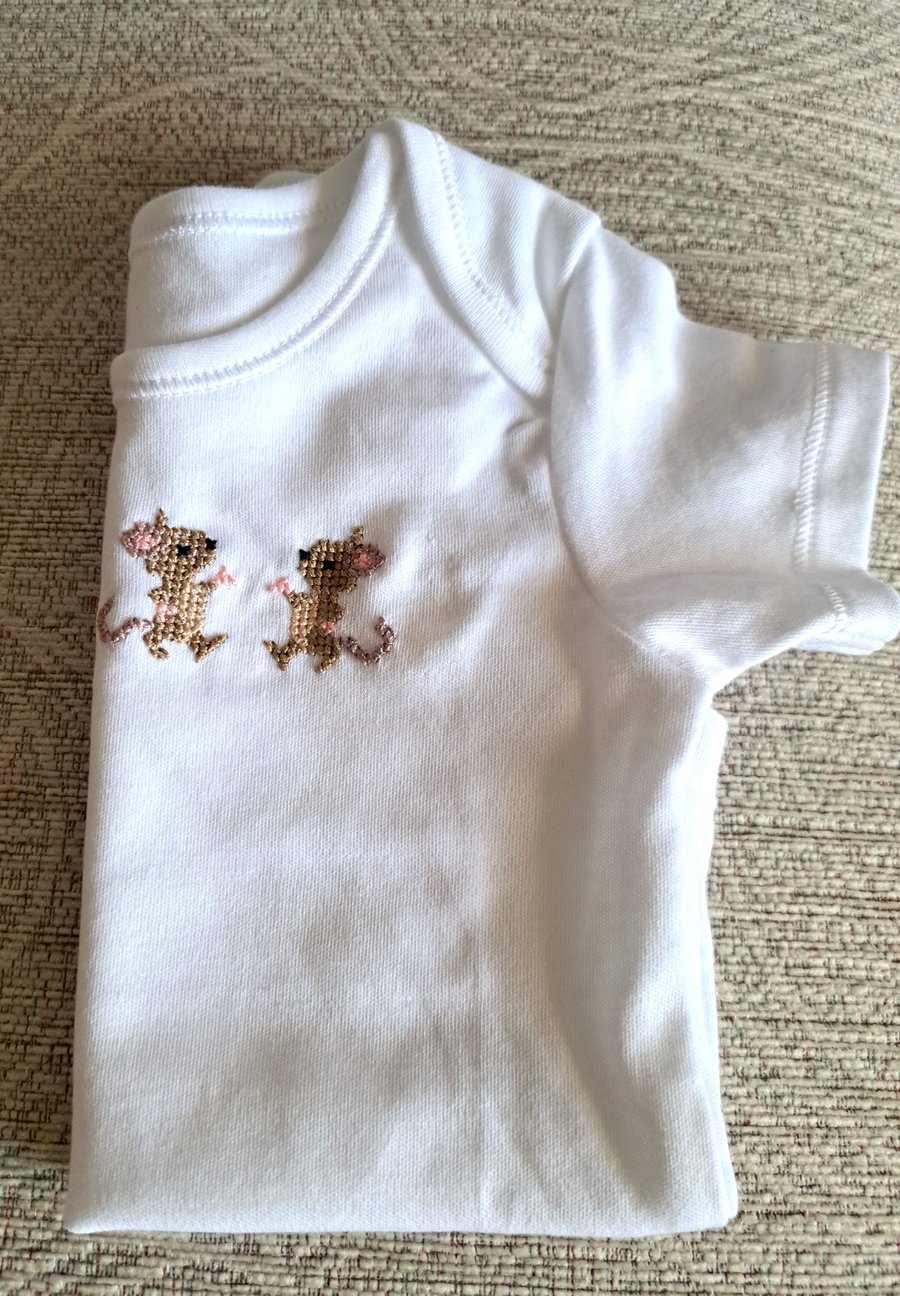 Mouse, baby vest, age 9-12 months, hand embroidered