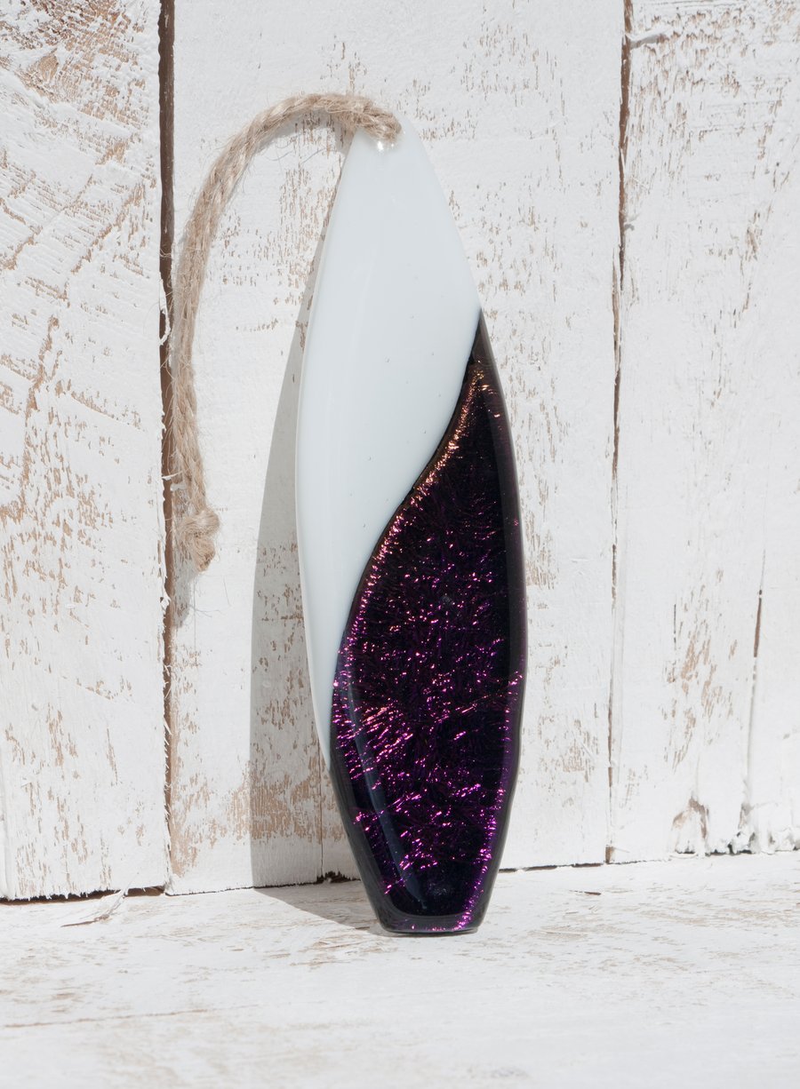 Fused Glass Surfboard - White and Iridised Black Yin Yang Design