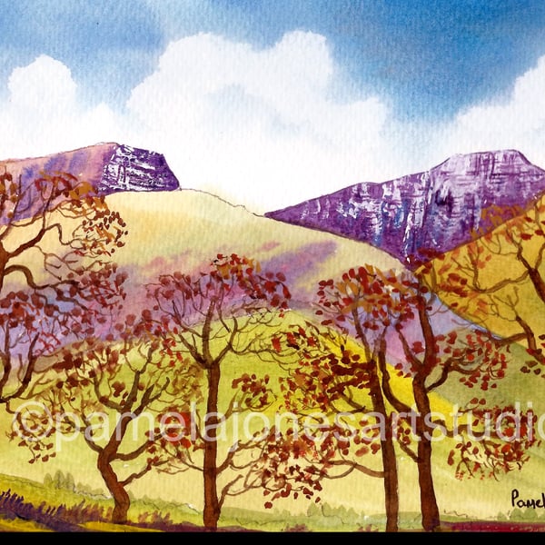 Winter in The Brecon Beacons, Wales, Watercolour Print, in 8 x 6 '' Mount