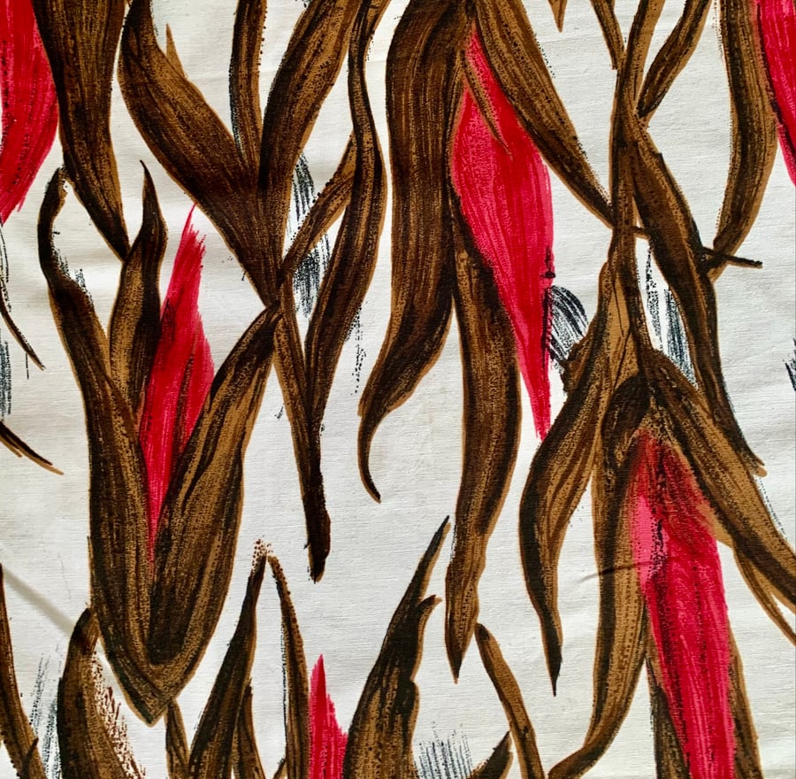 Midcentury Retro Leaves Red Brown 50s 60s Vintage Fabric Maximalist Style