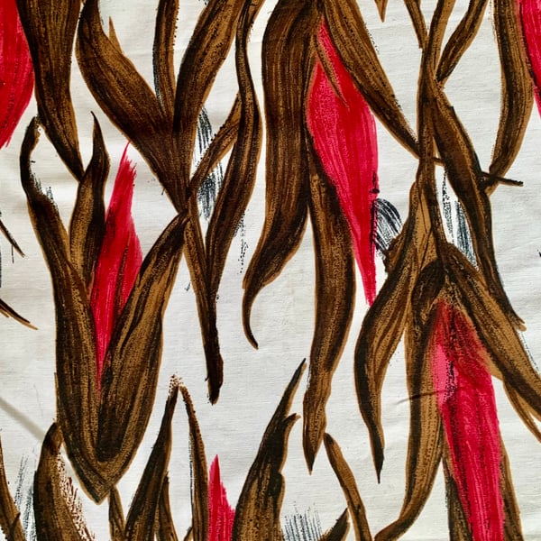Midcentury Retro Leaves Red Brown 50s 60s Vintage Fabric Maximalist Style