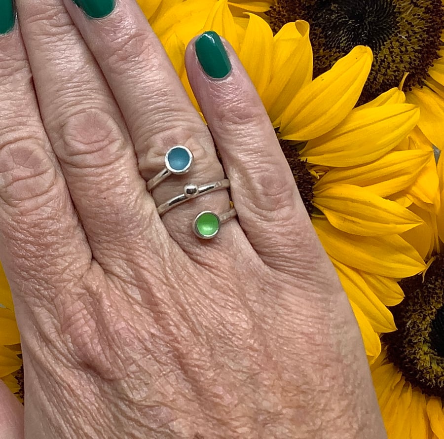 Sterling silver with  lime green and cool blue enamel adjustable ring