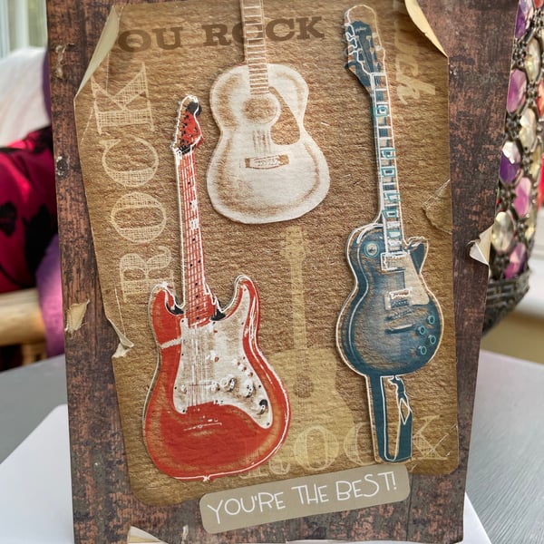 Rock and Roll guitar distressed Birthday card for Dad