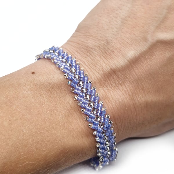 Soft blue and shimmering silver St Petersburg weave beaded bracelet