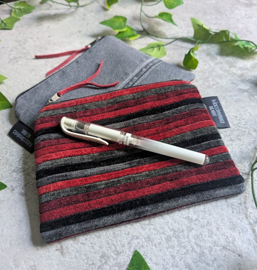 Striped Chenille and Upcycled Denim Chambray Purse Pouch or Makeup Bag