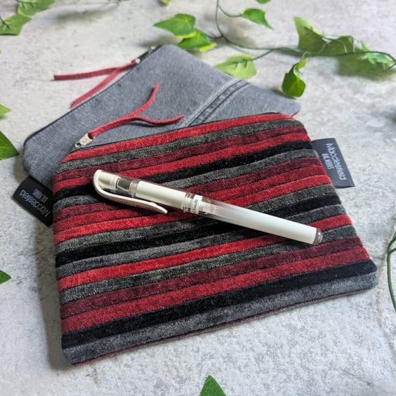 Striped Chenille and Upcycled Denim Chambray Purse Pouch or Makeup Bag