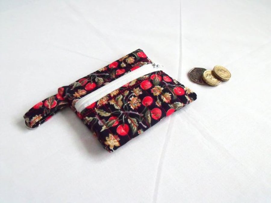 navy berry quilted zipped coin purse with D ring attached