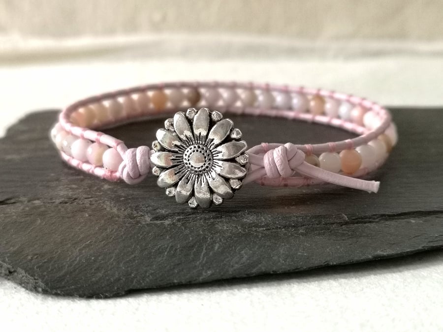 Pink Peruvian opal and leather bracelet, October birthstone 