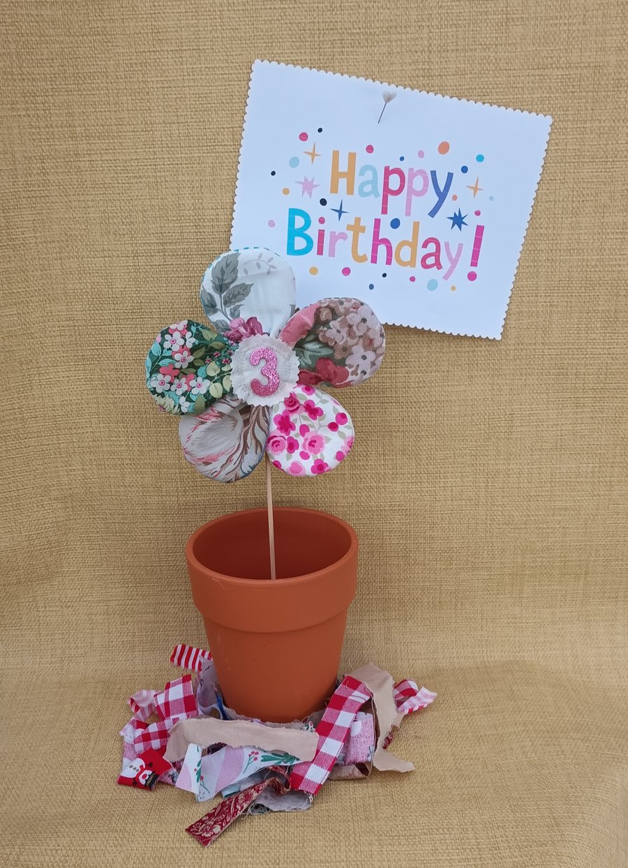 Fabric flower cake topper, party decoration, flower on a stick, free UK postage