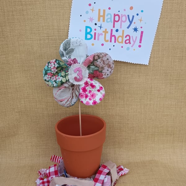 Fabric flower cake topper, party decoration, flower on a stick, free UK postage