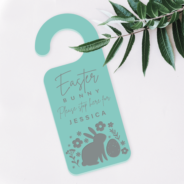Easter Bunny Stop Here Sign - Bunny Print: Personalised Cute Easter Door Hanger 