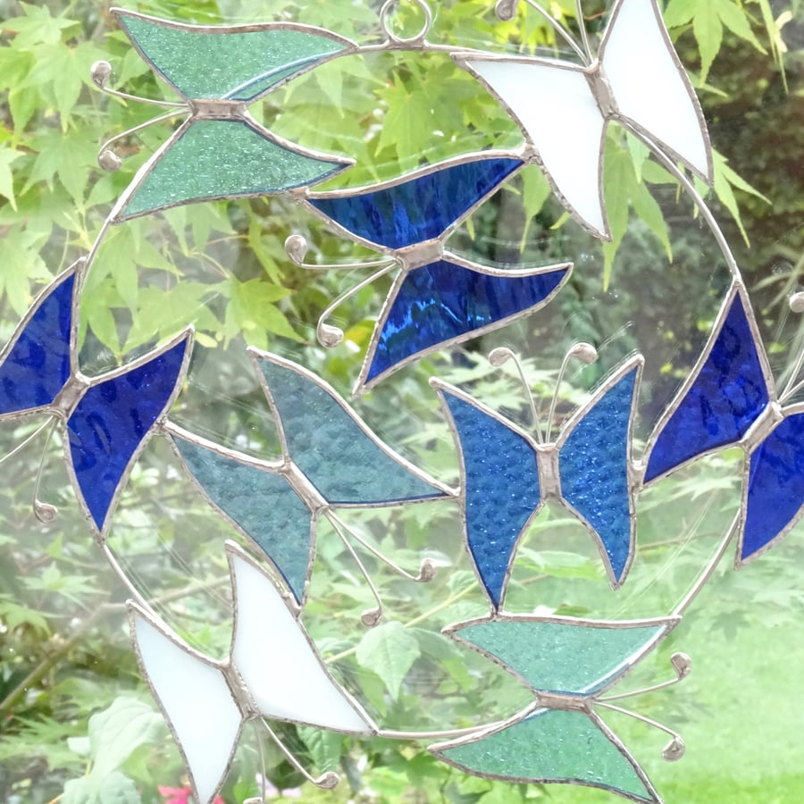 Large Butterfly Circle  Suncatcher - Handmade Hanging Decoration Blue and White