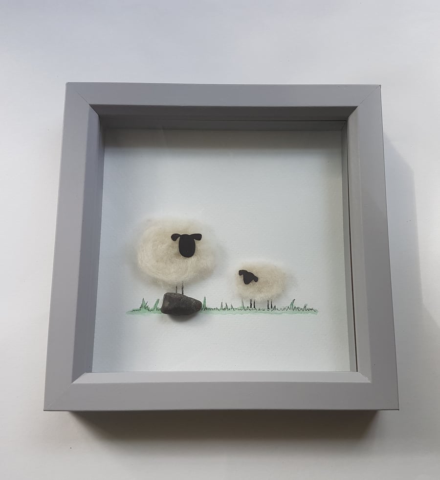 Two Felted Sheep with Beach Pebble Artwork