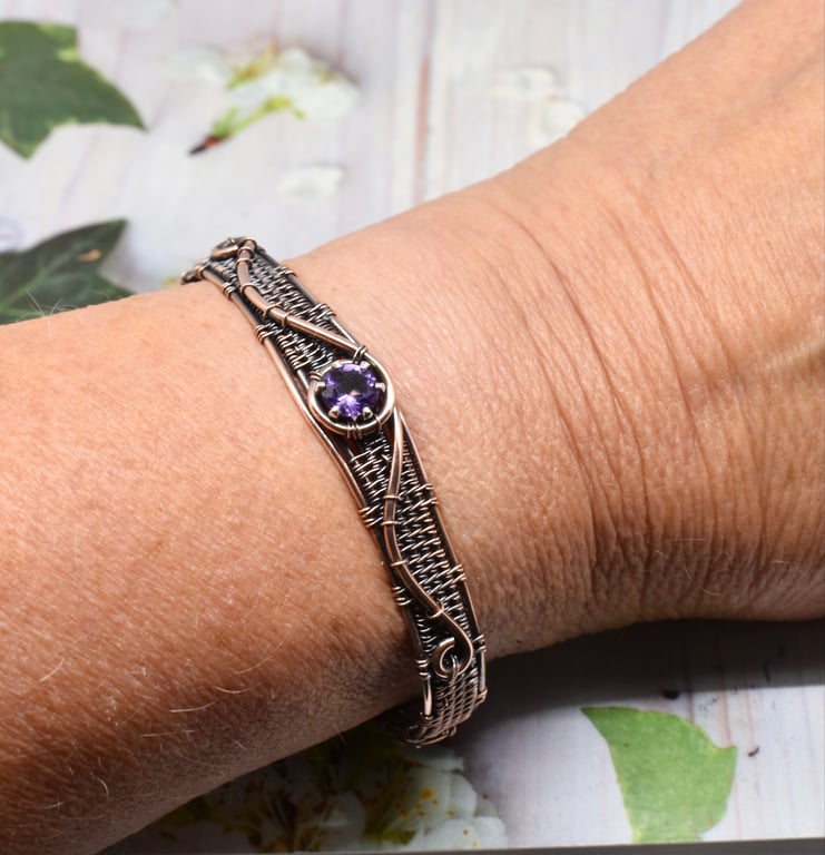 Faceted Amethyst and Copper Wire Wrapped and Woven Cuff Bracelet