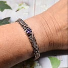 Faceted Amethyst and Copper Wire Wrapped and Woven Cuff Bracelet