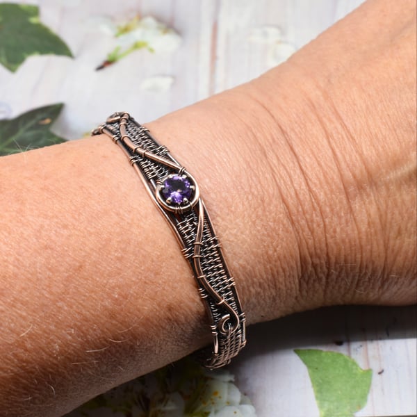 Faceted Amethyst and Copper Wire Wrapped and Woven Cuff Bracelet