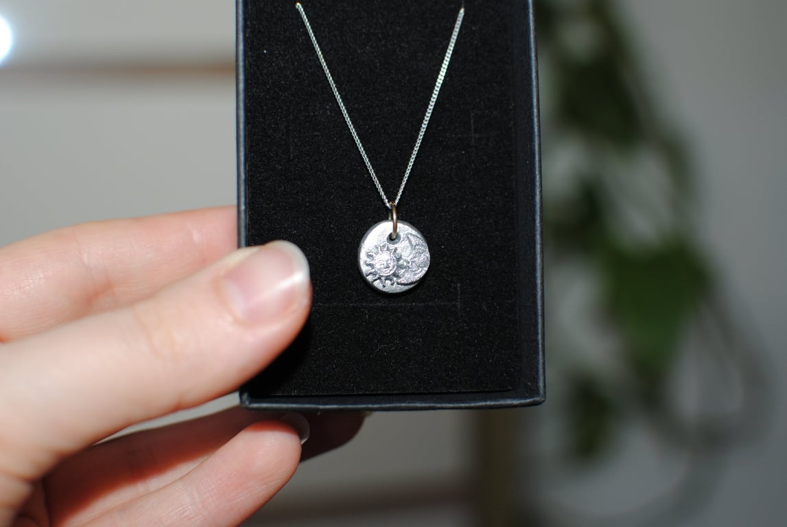 Solid sterling silver necklace chain Ceramic sun moon pendant handmade celestial