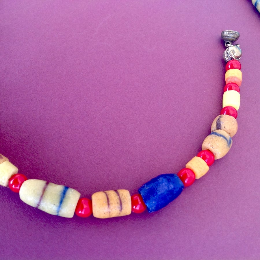 African bead necklace with recycled bottle glass beads