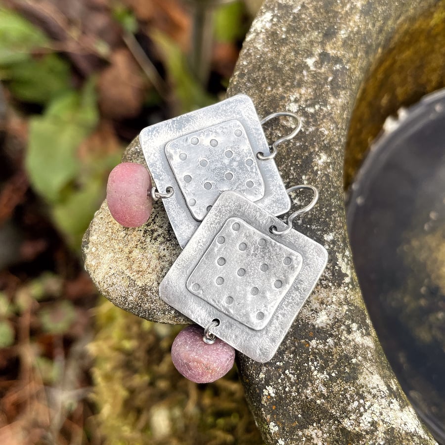 Sterling silver large square earrings with ruby dangles.