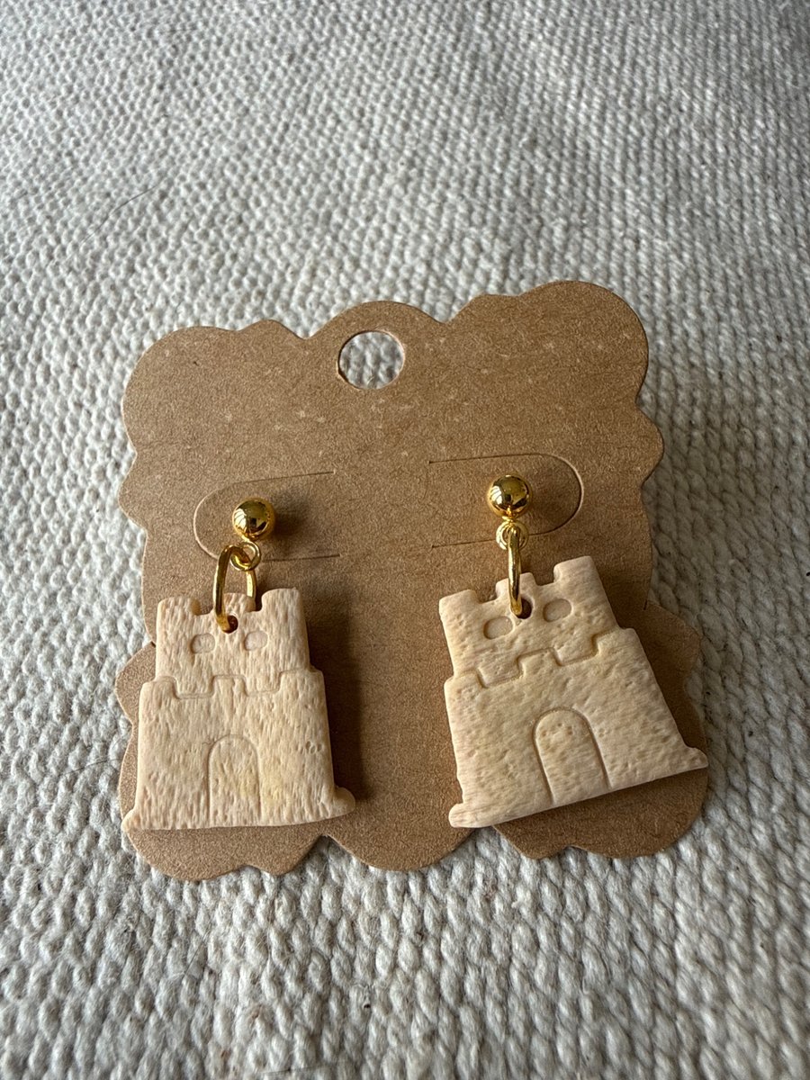 Polymer clay sandcastle dangly studs 