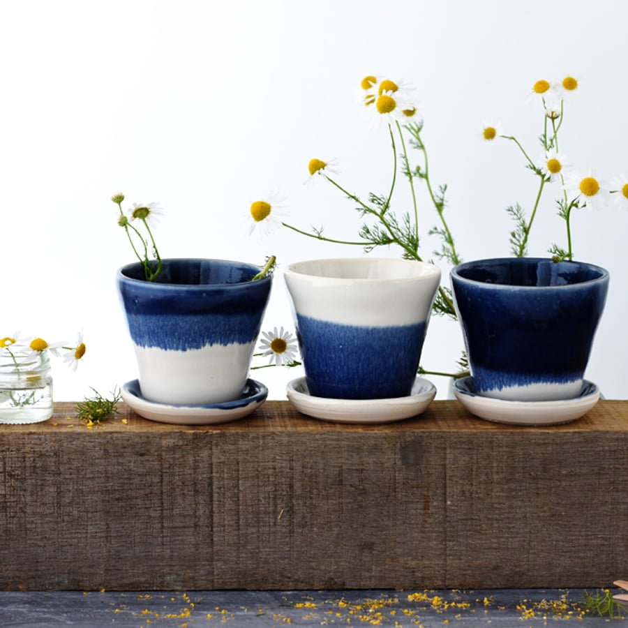 Trio of hand-thrown ceramic planters with matching saucers  - stoneware pottery