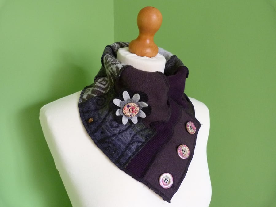 Neck Warmer Scarf with 3 button Trim. Upcycled Cowl. Felt Flower. Dark Grey