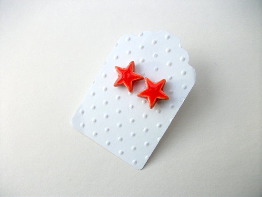 Ceramic sunset red star stud earrings - sterling silver post and scrolls