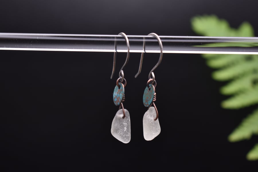 Scottish Sea Glass, Copper and Recycled Sterling Silver Dangle Earrings, White