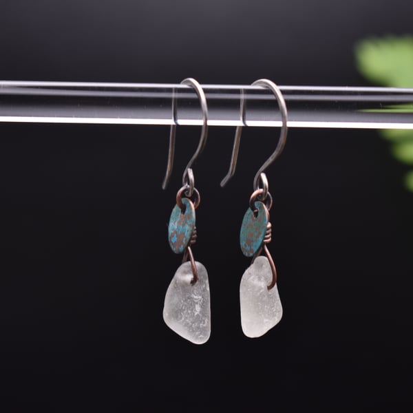 Scottish Sea Glass, Copper and Recycled Sterling Silver Dangle Earrings, White