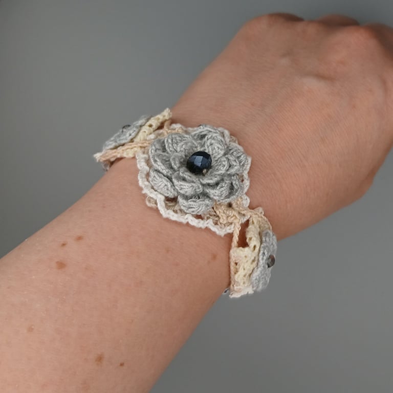 One of a Kind Crochet Floral Bracelet – Lace & Textile Cuff with Glass beads