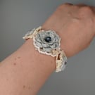 One of a Kind Crochet Floral Bracelet – Lace & Textile Cuff with Glass beads